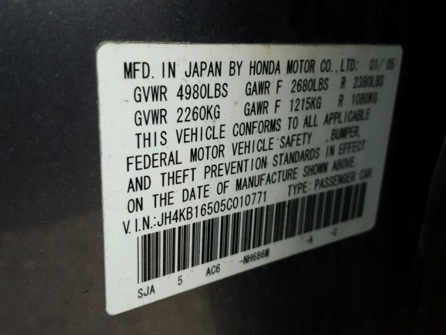 JH4KB16505C010771 - 2005 ACURA RL GRAY photo 10