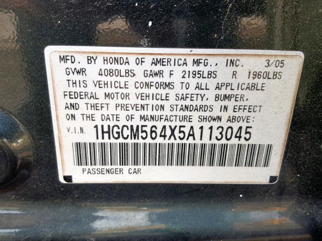 1HGCM564X5A113045 - 2005 HONDA ACCORD LX GREEN photo 10