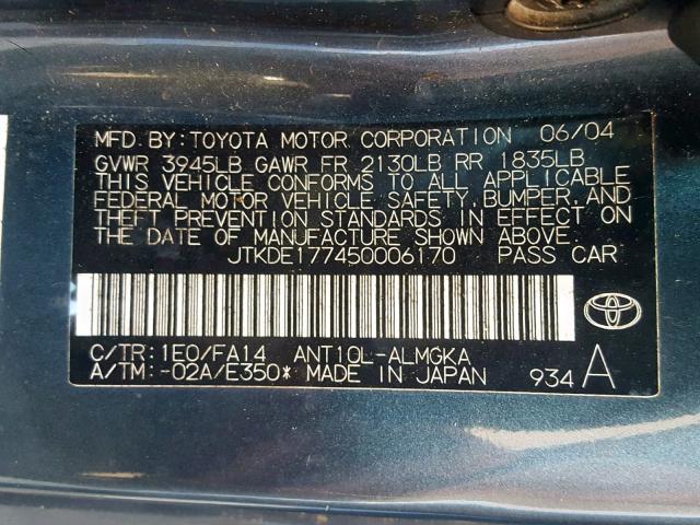 JTKDE177450006170 - 2005 TOYOTA SCION TC CHARCOAL photo 10