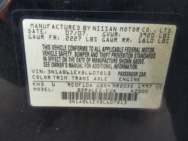 3N1AB61EX8L607813 - 2008 NISSAN SENTRA 2.0 BLACK photo 10