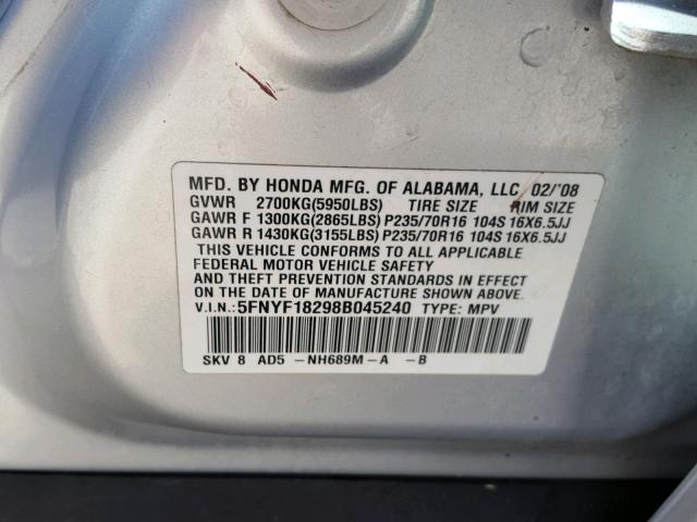 5FNYF18298B045240 - 2008 HONDA PILOT VP SILVER photo 10