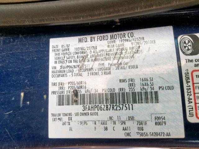 3FAHP06Z87R257511 - 2007 FORD FUSION S BLUE photo 10