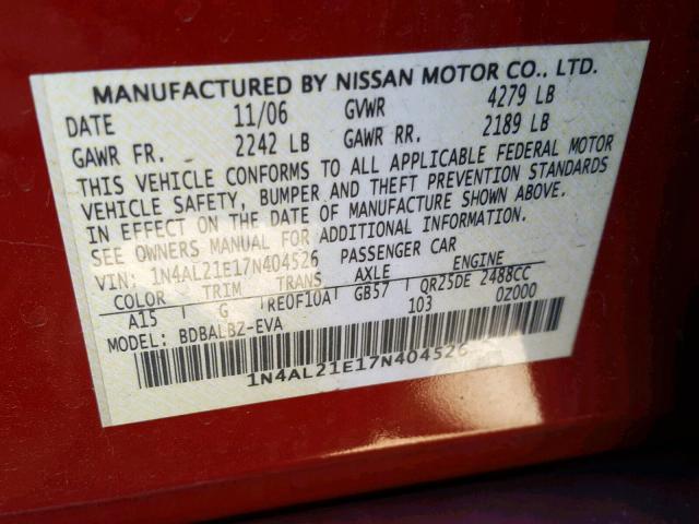 1N4AL21E17N404526 - 2007 NISSAN ALTIMA 2.5 RED photo 10