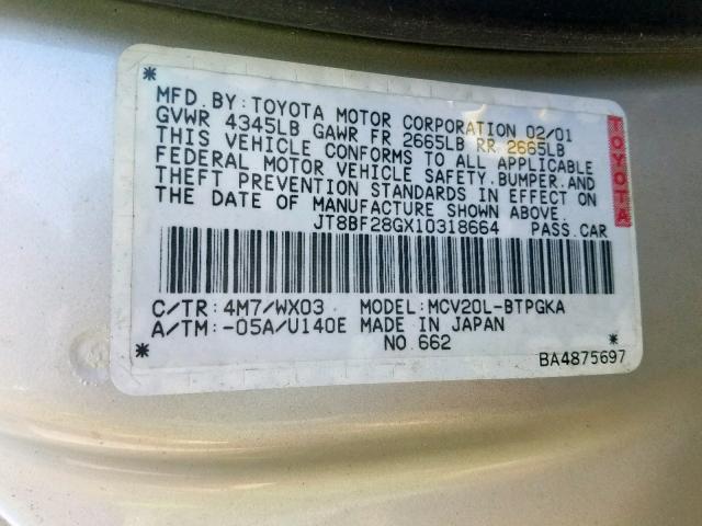 JT8BF28GX10318664 - 2001 LEXUS ES 300 SILVER photo 10