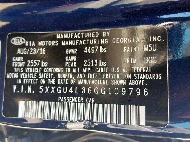 5XXGU4L36GG109796 - 2016 KIA OPTIMA EX BLUE photo 10