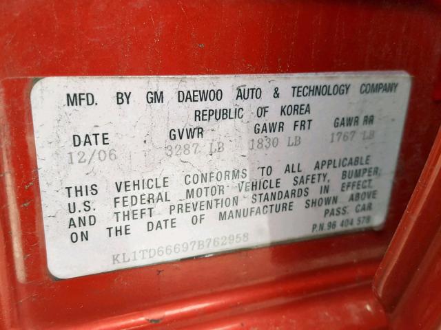 KL1TD66697B762958 - 2007 CHEVROLET AVEO BASE Қызыл фото 10
