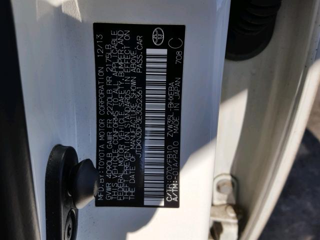 JTDKN3DP3E3052361 - 2014 TOYOTA PRIUS PLUG WHITE photo 10