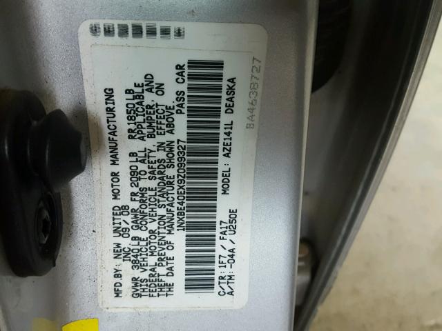 1NXBE40EX9Z099327 - 2009 TOYOTA COROLLA XR SILVER photo 10