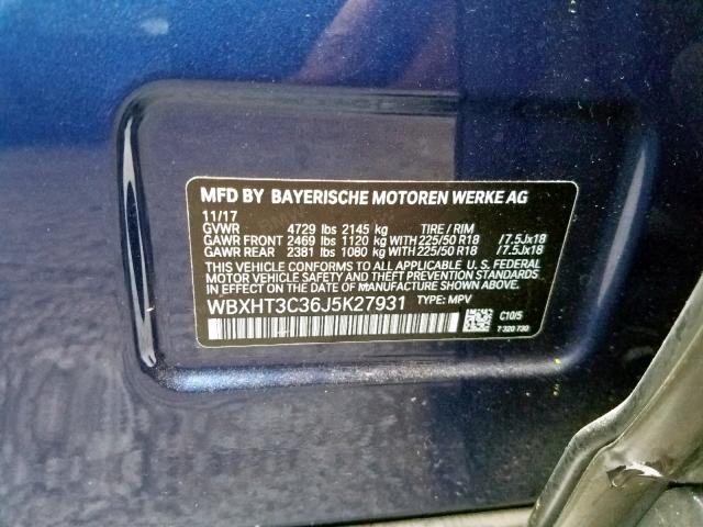 WBXHT3C36J5K27931 - 2018 BMW X1 XDRIVE2 BLUE photo 10