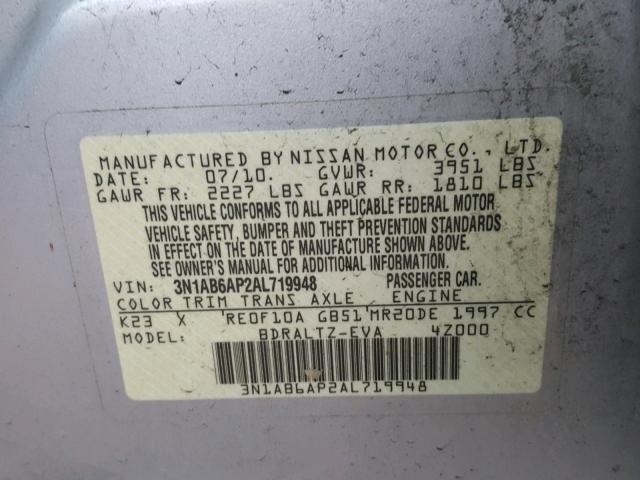 3N1AB6AP2AL719948 - 2010 NISSAN SENTRA 2.0 SILVER photo 10