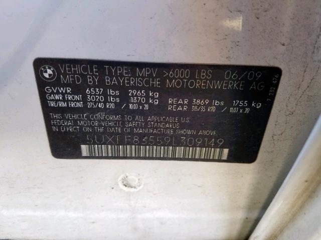 5UXFE83559L309149 - 2009 BMW X5 XDRIVE4 WHITE photo 10
