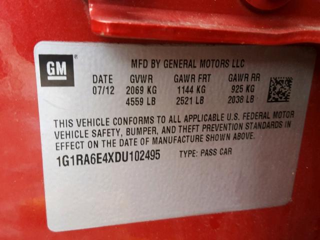 1G1RA6E4XDU102495 - 2013 CHEVROLET VOLT RED photo 10