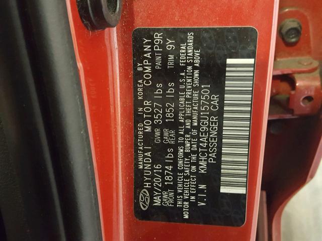 KMHCT4AE9GU157501 - 2016 HYUNDAI ACCENT SE RED photo 10