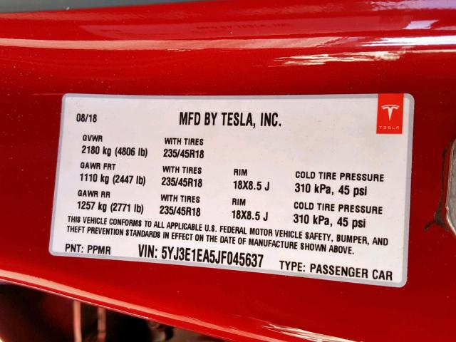 5YJ3E1EA5JF045637 - 2018 TESLA MODEL 3 RED photo 10