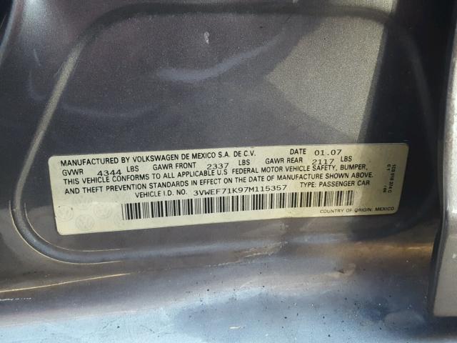 3VWEF71K97M115357 - 2007 VOLKSWAGEN JETTA WOLF SILVER photo 10