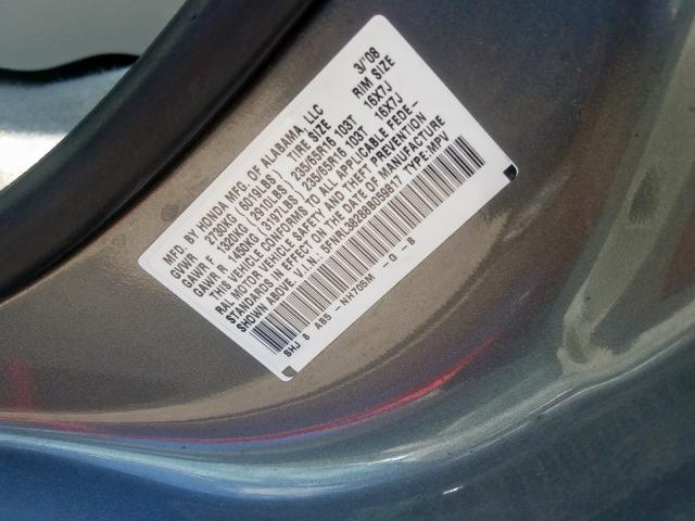 5FNRL38288B059817 - 2008 HONDA ODYSSEY LX GRAY photo 10