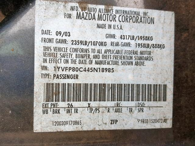 1YVFP80C445N18985 - 2004 MAZDA 6 I GRAY photo 10