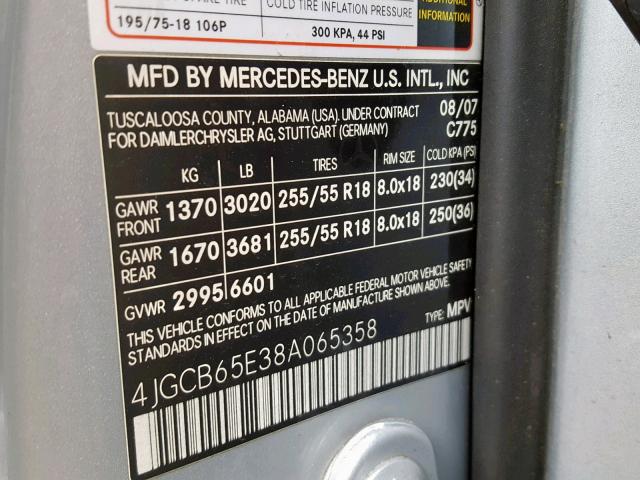 4JGCB65E38A065358 - 2008 MERCEDES-BENZ R 350 SILVER photo 10