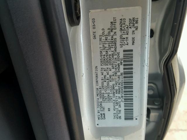 JTJBT20X530011196 - 2003 LEXUS GX 470 SILVER photo 10