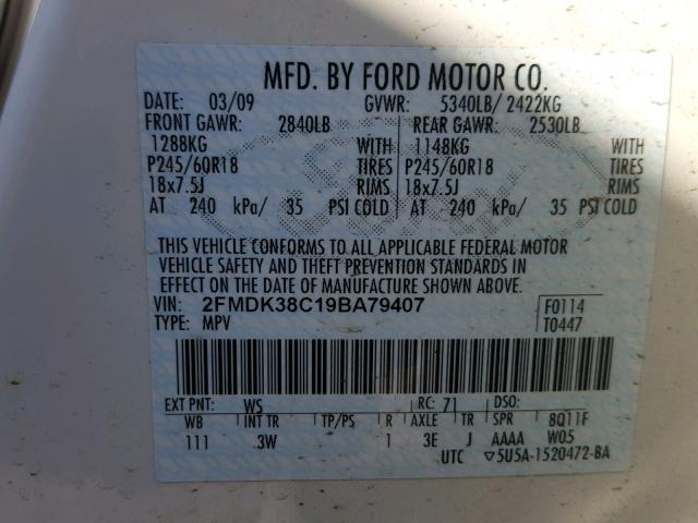 2FMDK38C19BA79407 - 2009 FORD EDGE SEL WHITE photo 10