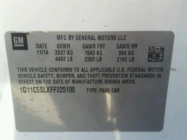 1G11C5SLXFF225105 - 2015 CHEVROLET MALIBU 1LT WHITE photo 10