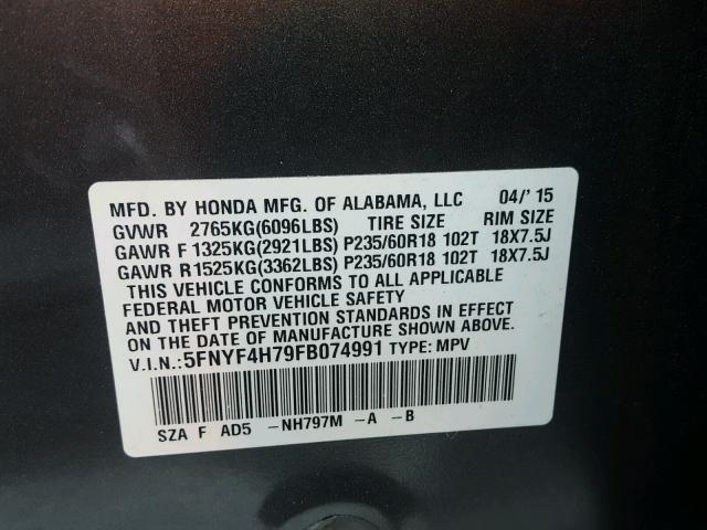 5FNYF4H79FB074991 - 2015 HONDA PILOT EXLN GRAY photo 10