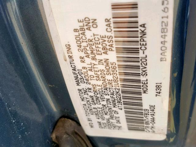 4T1BG22K21U823565 - 2001 TOYOTA CAMRY CE TEAL photo 10