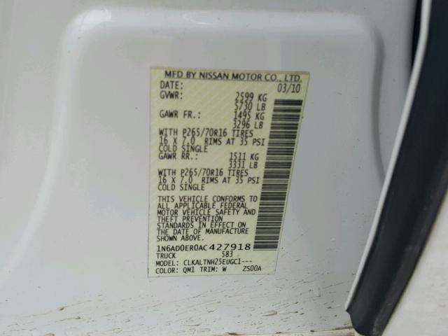 1N6AD0ER0AC427918 - 2010 NISSAN FRONTIER C WHITE photo 10