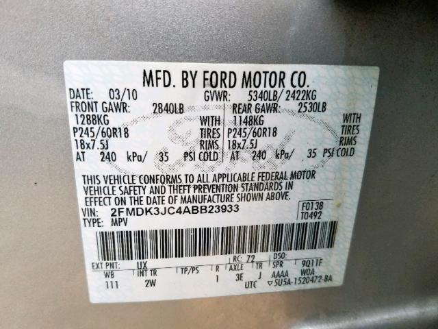 2FMDK3JC4ABB23933 - 2010 FORD EDGE SEL SILVER photo 10