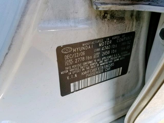 KMHFC46FX7A186585 - 2007 HYUNDAI AZERA SE WHITE photo 10