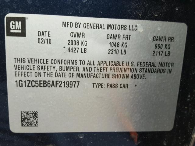 1G1ZC5EB6AF219977 - 2010 CHEVROLET MALIBU 1LT BLUE photo 10