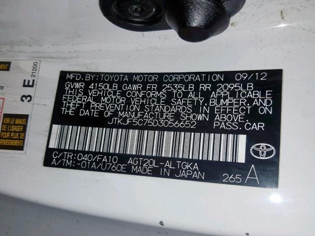 JTKJF5C75D3056652 - 2013 TOYOTA SCION TC თეთრი ფოტო 10