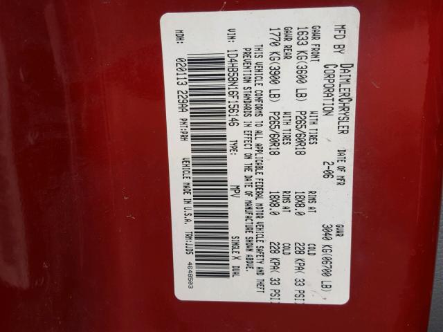 1D4HB58N16F156146 - 2006 DODGE DURANGO LI RED photo 10