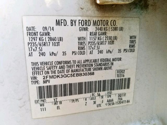 2FMDK3GC5EBB30368 - 2014 FORD EDGE SE WHITE photo 10