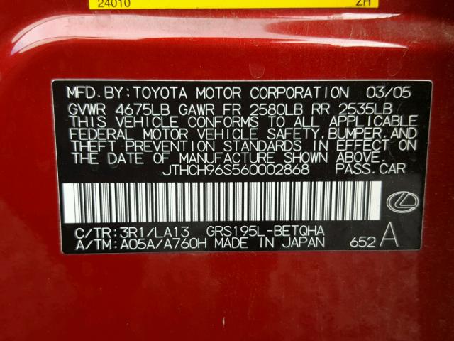 JTHCH96S560002868 - 2006 LEXUS GS GENERAT RED photo 10