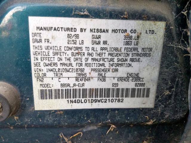 1N4DL01D9WC210782 - 1998 NISSAN ALTIMA XE BLUE photo 10