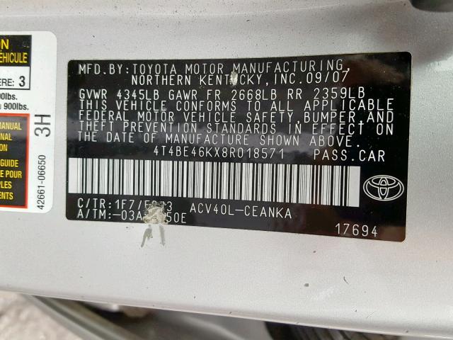 4T4BE46KX8R018571 - 2008 TOYOTA CAMRY CE SILVER photo 10
