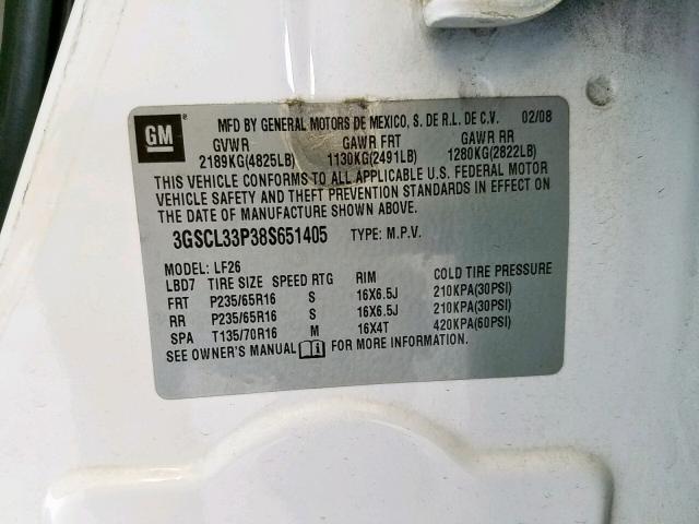 3GSCL33P38S651405 - 2008 SATURN VUE XE WHITE photo 10