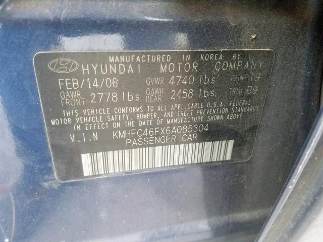 KMHFC46FX6A085304 - 2006 HYUNDAI AZERA SE BLUE photo 10