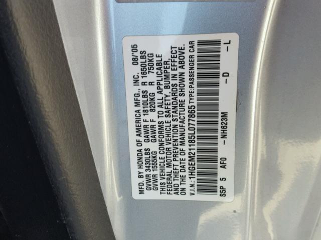 1HGEM21185L077865 - 2005 HONDA CIVIC DX V SILVER photo 10