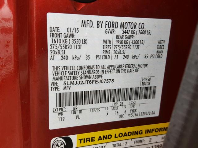 5LMJJ2JT6FEJ07578 - 2015 LINCOLN NAVIGATOR 红色 照片 10