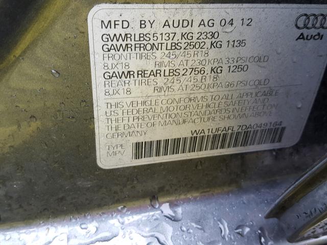 WA1UFAFL7DA049164 - 2013 AUDI A4 ALLROAD GRAY photo 10