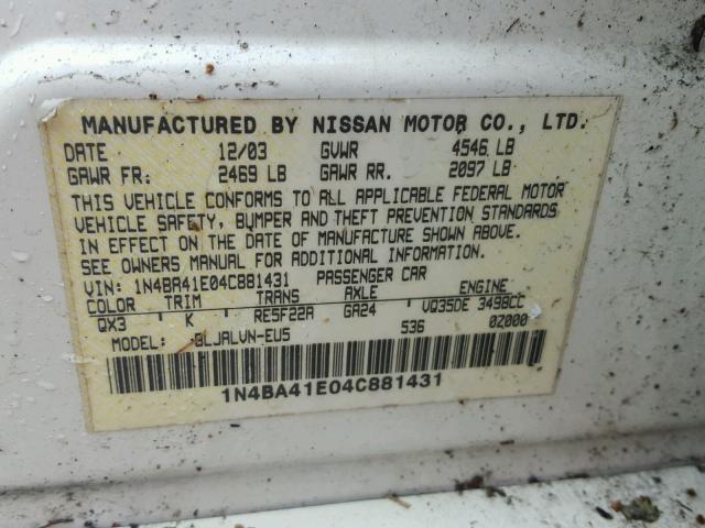 1N4BA41E04C881431 - 2004 NISSAN MAXIMA SE WHITE photo 10