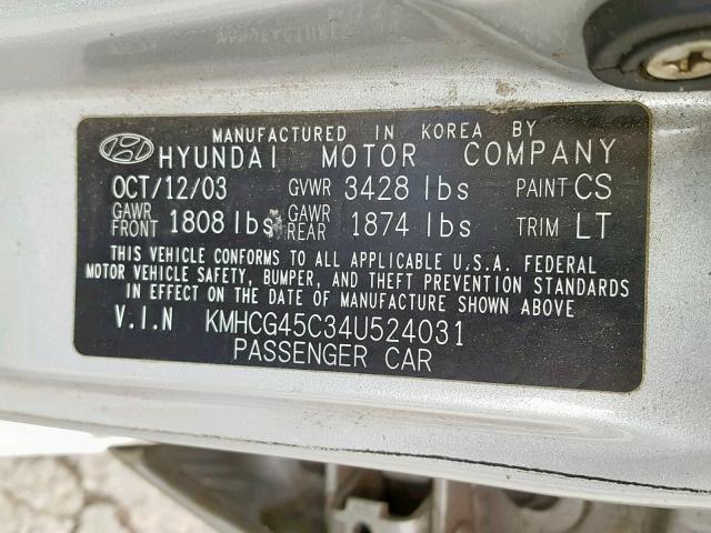 KMHCG45C34U524031 - 2004 HYUNDAI ACCENT GL SILVER photo 10