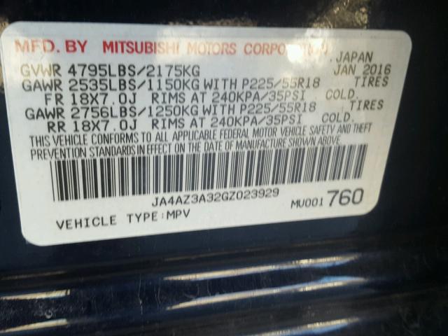 JA4AZ3A32GZ023929 - 2016 MITSUBISHI OUTLANDER BLUE photo 10