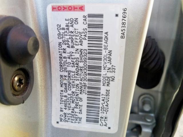 JTHBF30GX30099323 - 2003 LEXUS ES 300 SILVER photo 10