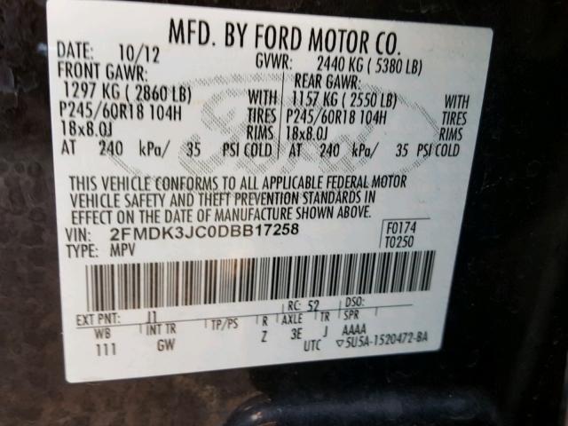 2FMDK3JC0DBB17258 - 2013 FORD EDGE SEL BLACK photo 10