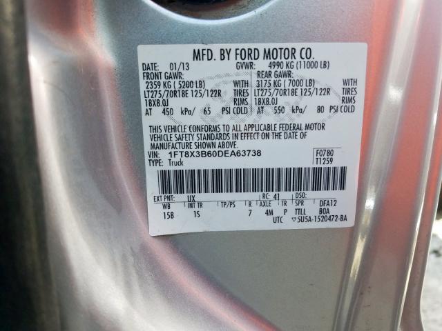 1FT8X3B60DEA63738 - 2013 FORD F350 SUPER SILVER photo 10