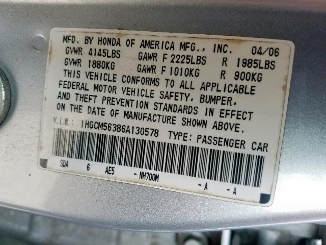 1HGCM56386A130578 - 2006 HONDA ACCORD SE SILVER photo 10