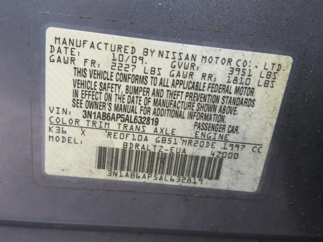 3N1AB6AP5AL632819 - 2010 NISSAN SENTRA 2.0 GRAY photo 10